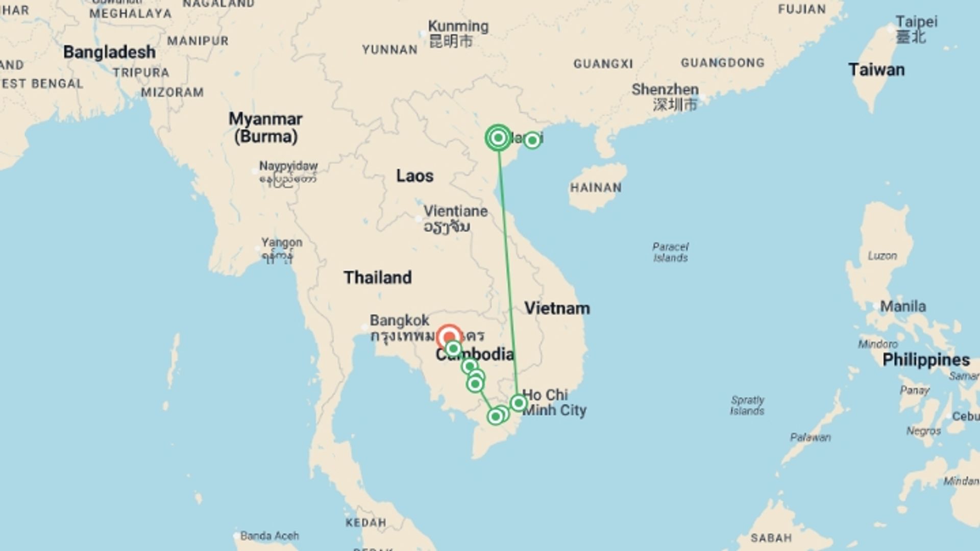 A map showing the tour itinerary for the trip: From the Mekong Delta to the Temples of Angkor & Hanoi and Halong Bay (port-to-port cruise), starting in Hanoi, Vietnam and ending in Siem Reap, Cambodia going through 7 other destinations.