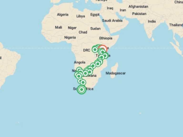 Map of Windhoek Wildlife Tour with 39 destination visits for the trip: Ultimate Africa: Safari Drives & the Savannah