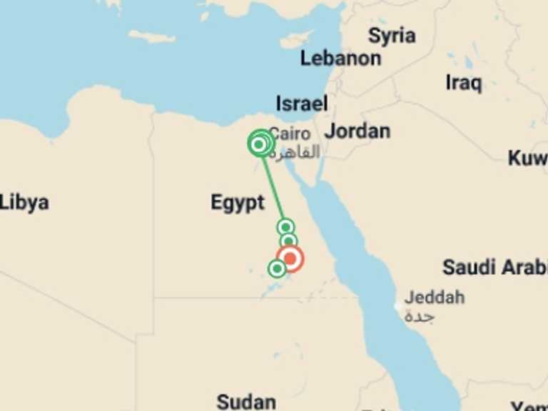 Map itinerary of Mediterranean Tour in May 2026 with 6 destination visits for the trip: Ancient Egypt & Nile Cruise – Premium Adventure