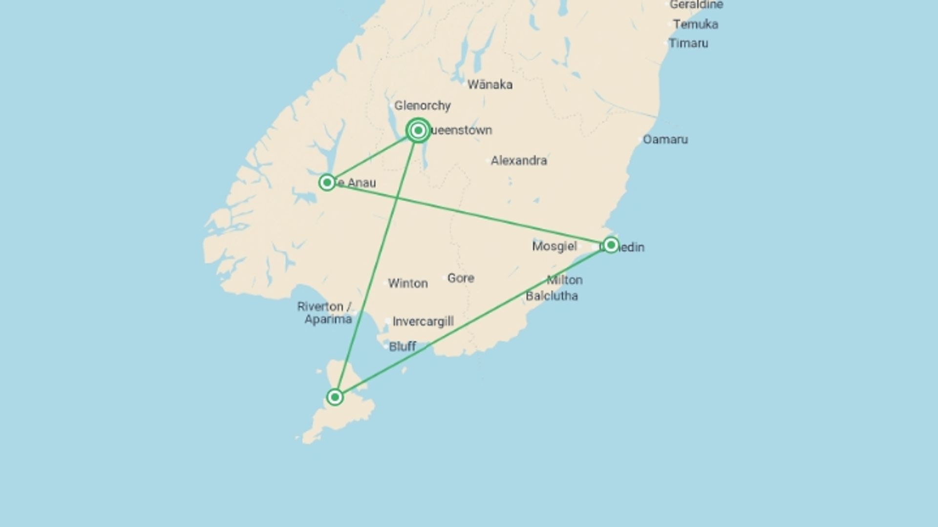 A map showing the tour itinerary for the trip: Queenstown Southern Loop, starting in Queenstown, New Zealand and ending in Queenstown, New Zealand going through 3 other destinations.