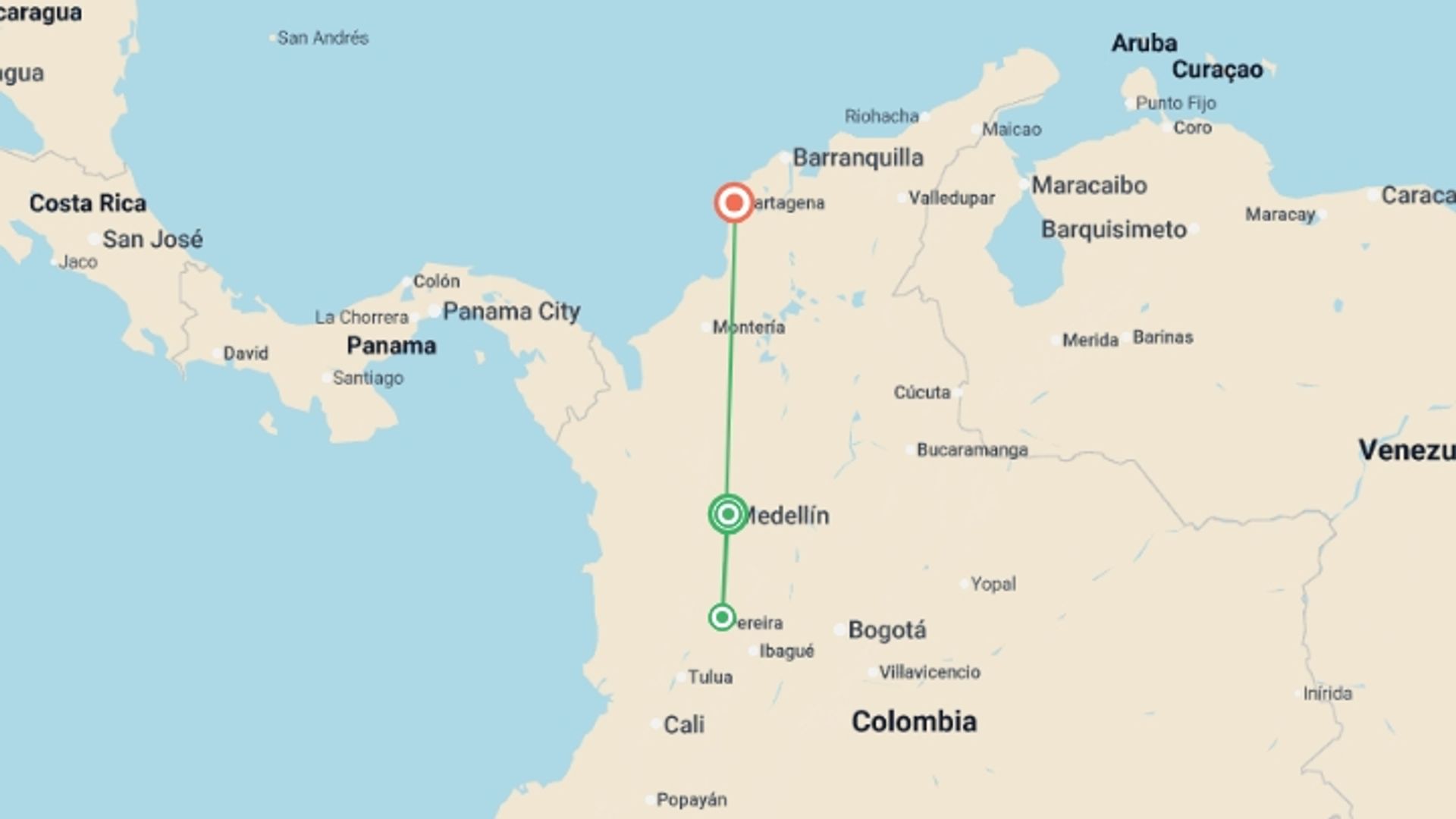 A map showing the tour itinerary for the trip: Colombia Uncovered, starting in Medellin, Colombia and ending in Cartagena, Colombia going through 1 other destinations.