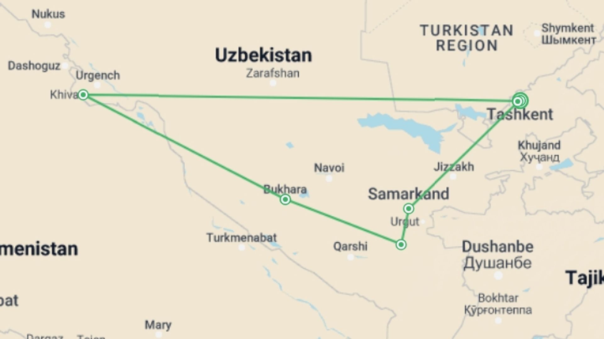 A map showing the tour itinerary for the trip: To the Heart of Tamerlane's Empire, starting in Tashkent, Uzbekistan and ending in Tashkent, Uzbekistan going through 5 other destinations.