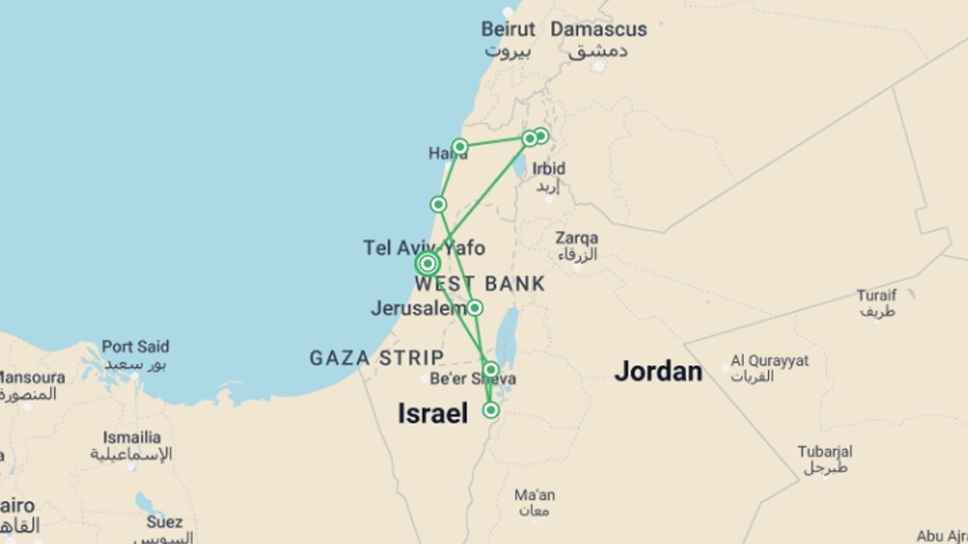 A map showing the tour itinerary for the trip: Jewish Israel Tour Package, 4 Days From Tel Aviv, starting in Tel Aviv, Israel and ending in Tel Aviv, Israel going through 3 other destinations.