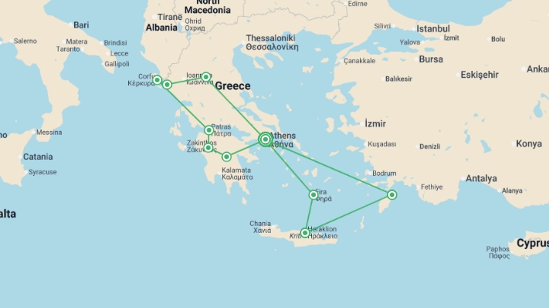 A map showing the tour itinerary for the trip: Peloponnese and Meteoras with Greek Islands, starting in Athens, Greece and ending in Athens, Greece going through 5 other destinations.