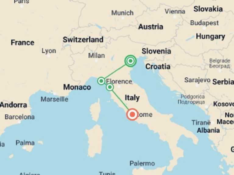 Map itinerary of Italy Tour in August 2027 with 4 destination visits for the trip: Northern Italy Family Holiday