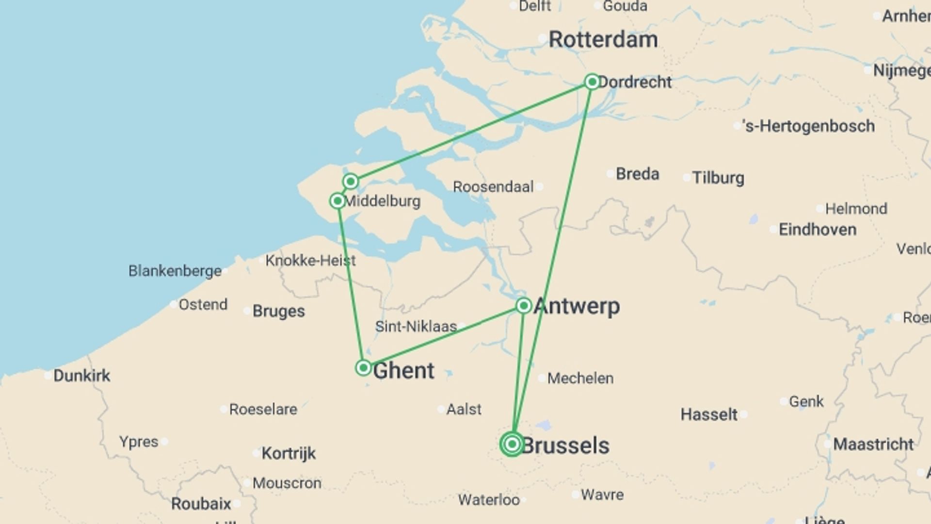 A map showing the tour itinerary for the trip: An Exclusive Cruise to Top Sites in Northern Europe (port-to-port cruise), starting in Brussels, Belgium and ending in Brussels, Belgium going through 6 other destinations.