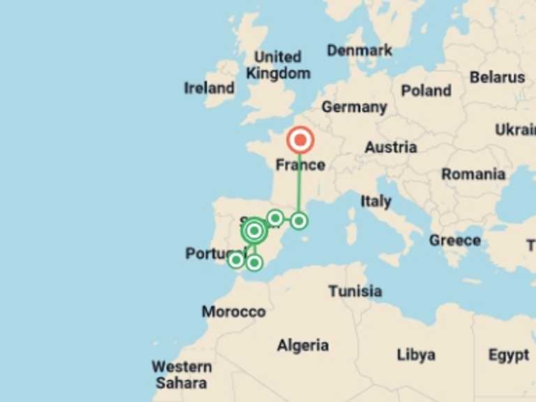 Map of Europe Cultural, religious and historic sites Tour with 6 destination visits for the trip: Classical Spain with Paris