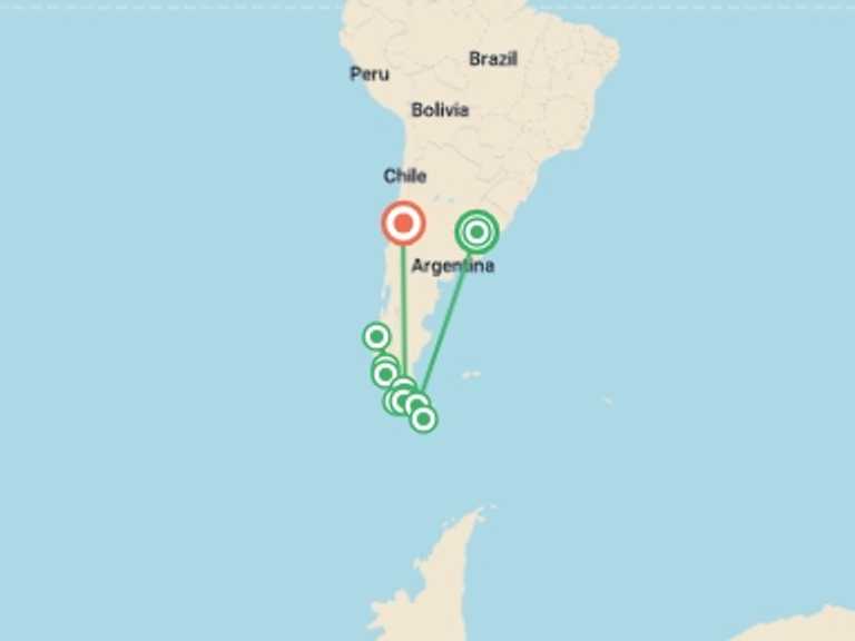 Map itinerary of South America Tour in March 2027 with 11 destination visits for the trip: Essential Patagonia: Chilean Fjords and Torres del Paine