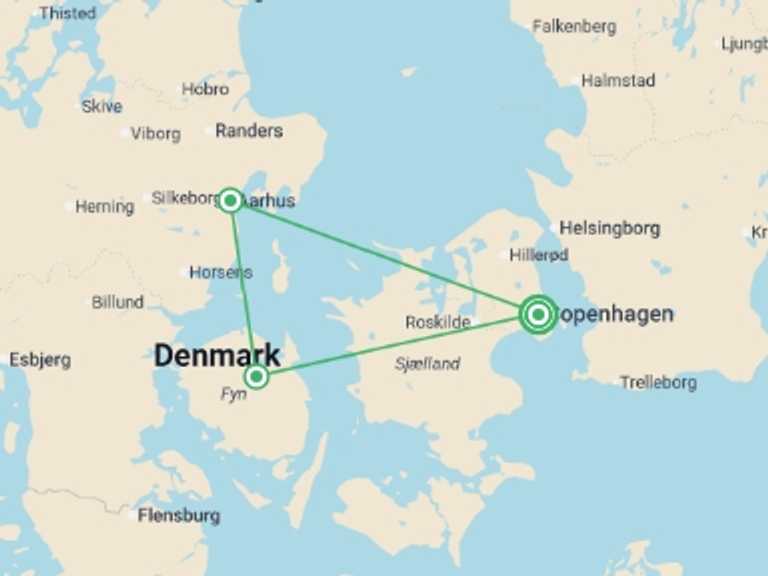 Map itinerary of Europe Tour in Fall with 3 destination visits for the trip: Best of Denmark By Train - 8 days