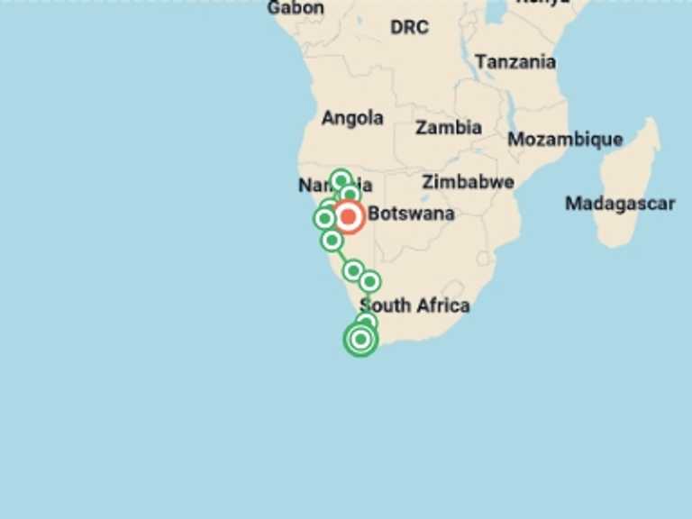 Map of Windhoek Wildlife Tour with 10 destination visits for the trip: Cape & Dunes Northbound: Wildlife & Starry Night Skies