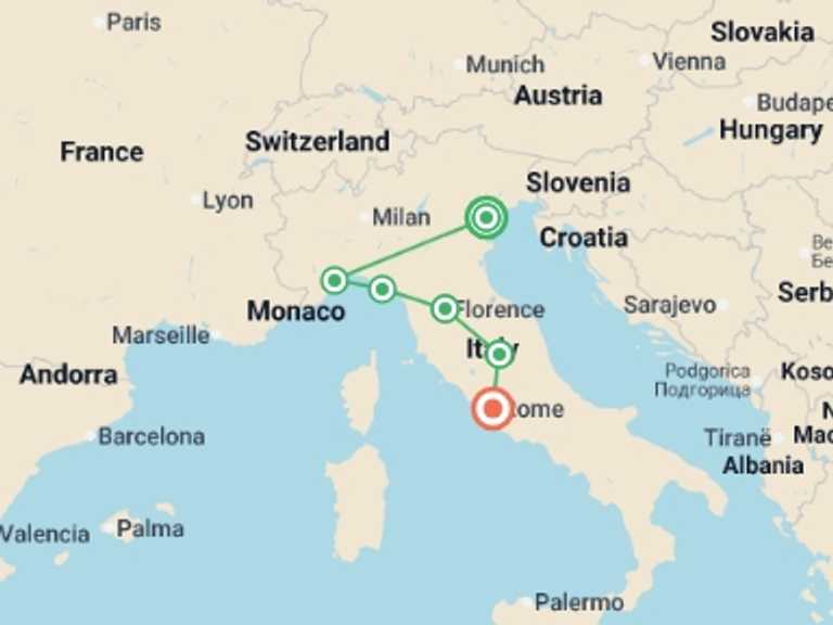 Map itinerary of Italy Tour in August 2027 with 6 destination visits for the trip: Italy Experience