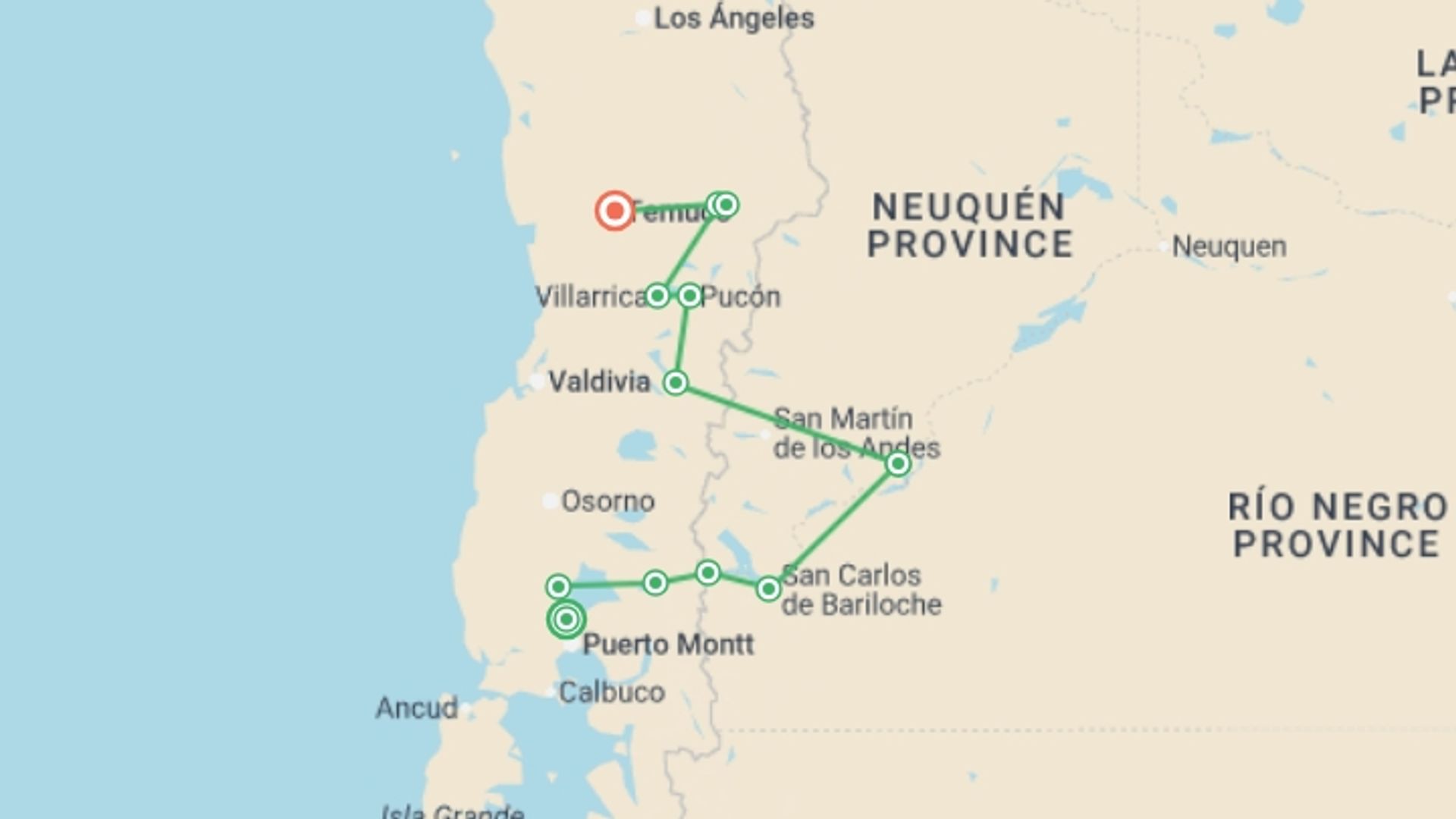 A map showing the tour itinerary for the trip: Cycling the Lake District of Chile & Argentina, starting in Puerto Varas, Chile and ending in Temuco, Chile going through 11 other destinations.