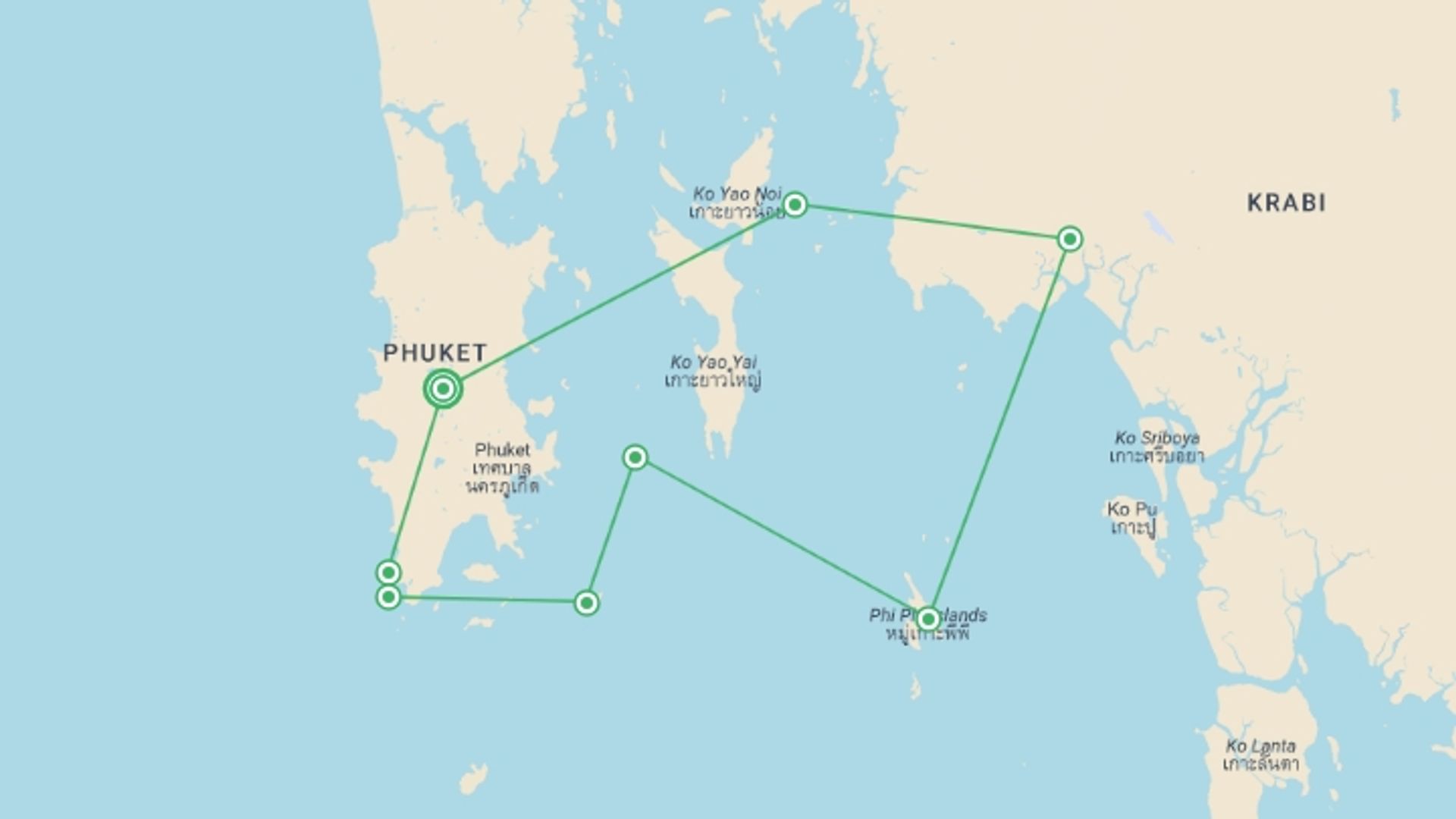 A map showing the tour itinerary for the trip: Phuket Sailing Adventure, starting in Phuket, Thailand and ending in Phuket, Thailand going through 5 other destinations.