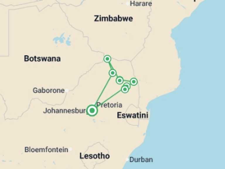 Map of South Africa Tour with 9 destination visits for the trip: South Africa Cycling Adventure