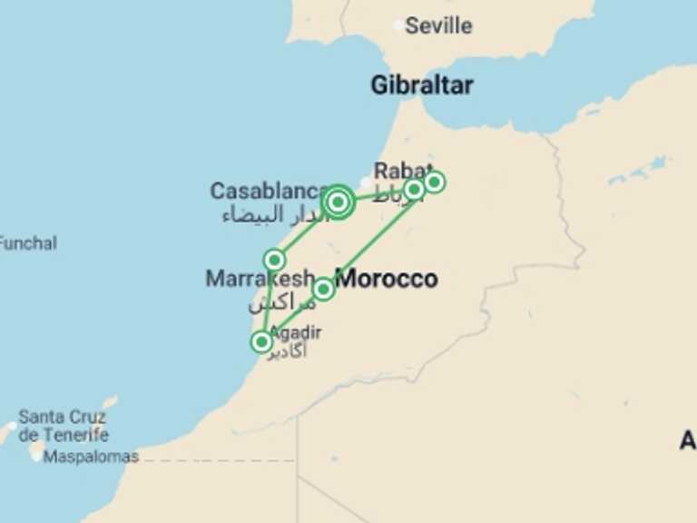 Map itinerary of Morocco Tour in Spring with 6 destination visits for the trip: Imperial Cities and Moroccan Atlantic