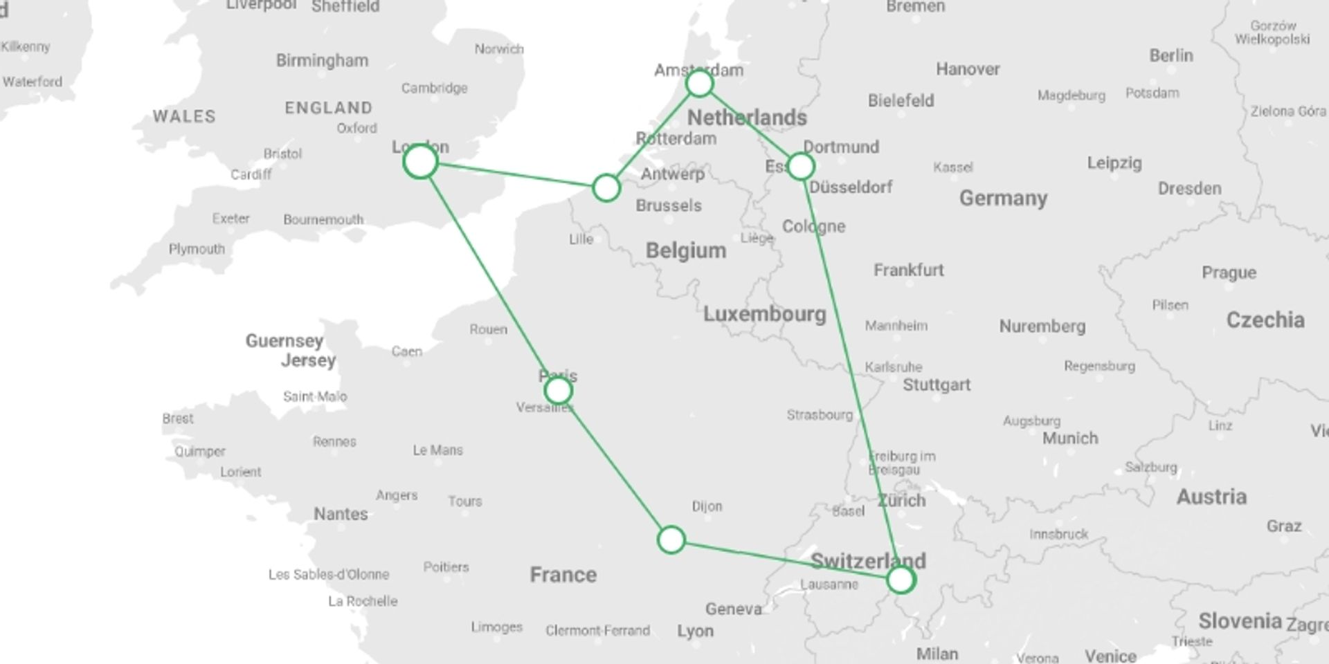 A map showing the tour itinerary for the trip: Europe Taster New Year, starting in London, England and ending in London, England going through 6 other destinations.