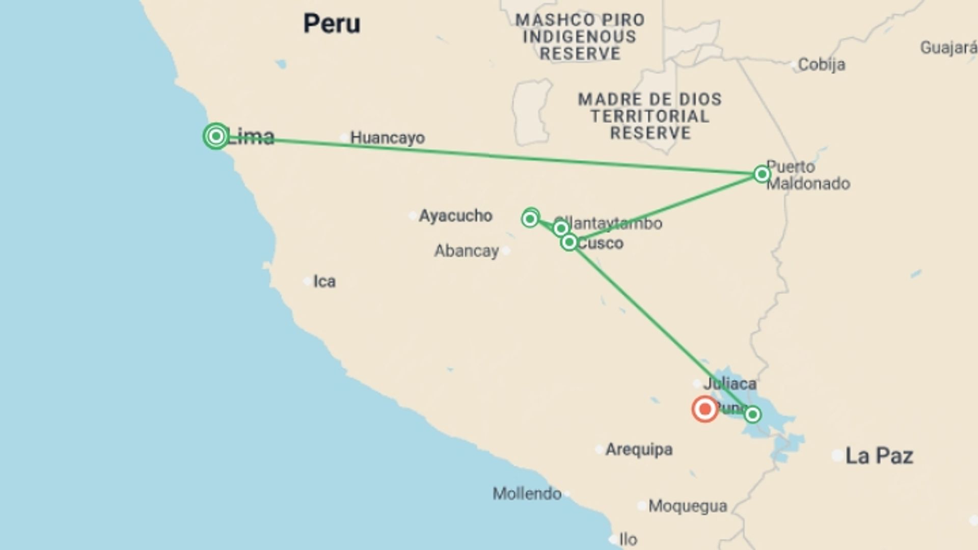 A map showing the tour itinerary for the trip: Best of Peru, starting in Lima, Peru and ending in Puno, Peru going through 6 other destinations.