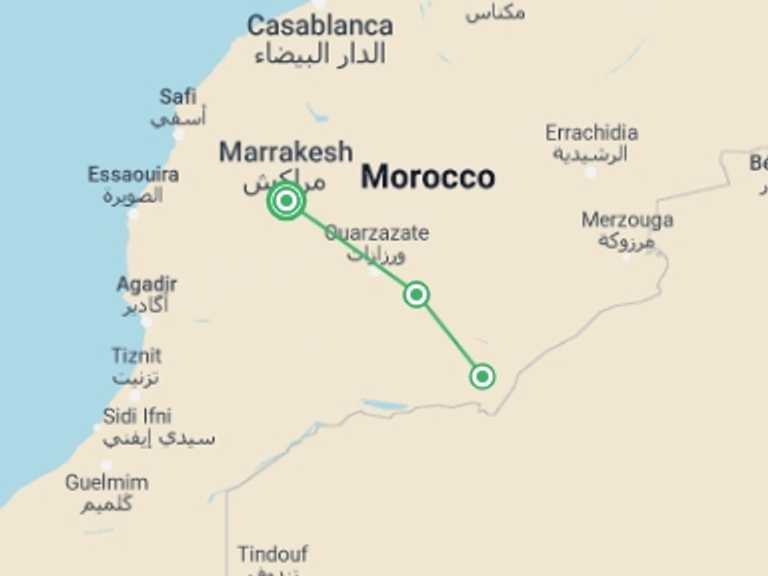 Map itinerary of Marrakech Tour in October 2026 with 2 destination visits for the trip: Oasis & Desert, 4 Days, Private Tour