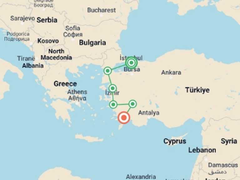 Map itinerary of Istanbul Tour in November 2026 with 8 destination visits for the trip: Aegean Prelude Tour