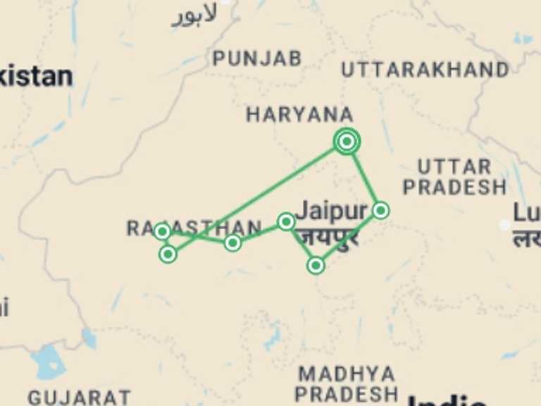 Map of 13-Day India Tour with 7 destination visits for the trip: Rajasthan & Golden Triangle Adventure  - 13 days