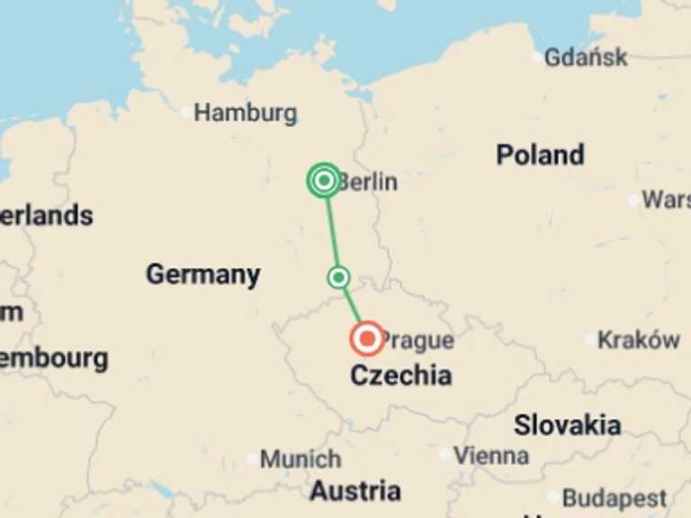 Map itinerary of Europe Tour in November 2025 with 2 destination visits for the trip: Berlin and Prague