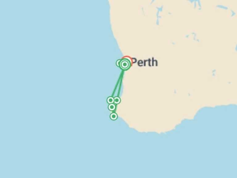 Map itinerary of Oceania Tour in May 2027 with 4 destination visits for the trip: Best of Perth, Margaret River & Rottnest Island