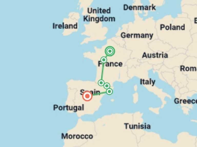 Map itinerary of Paris Tour in October 2026 with 6 destination visits for the trip: Paris, Lourdes and Madrid
