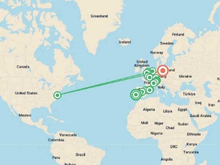 Map of 19-Day London Tour with 14 destination visits for the trip: European Colours