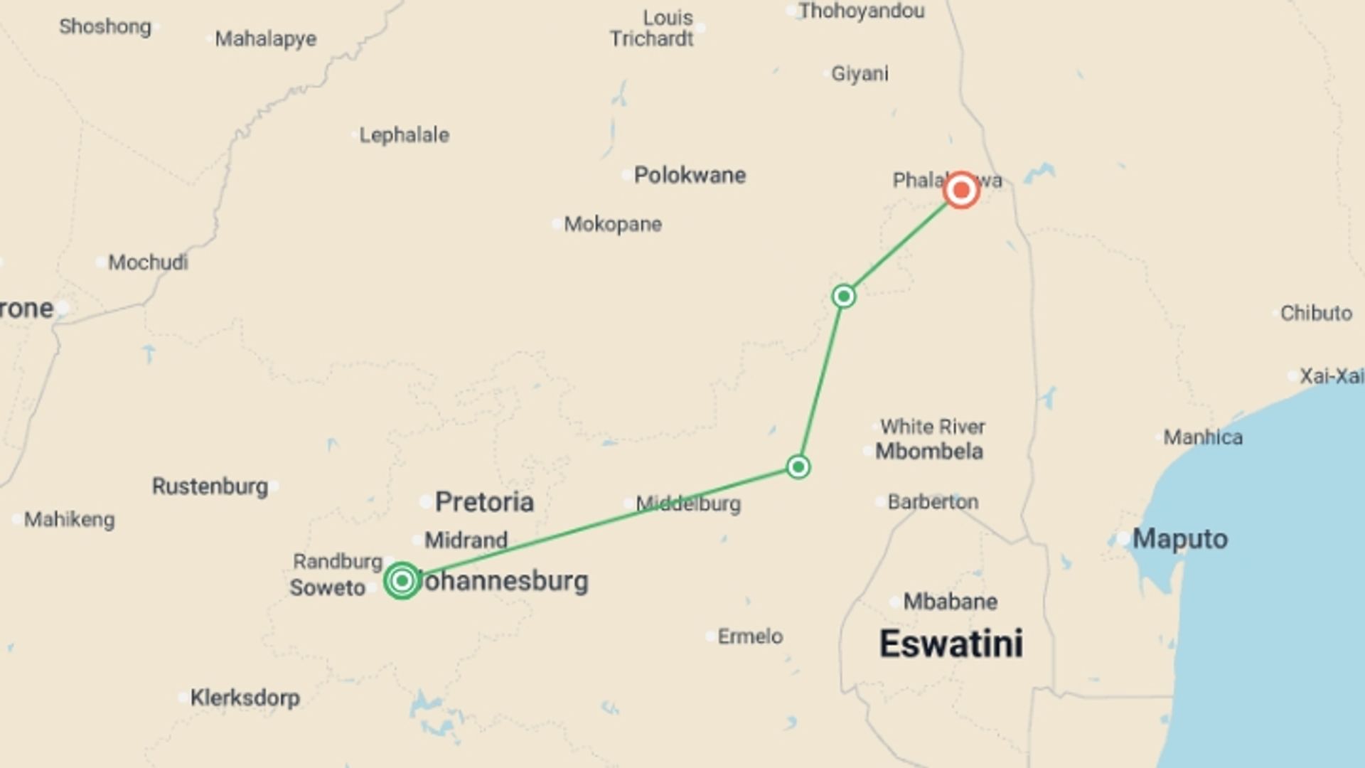 A map showing the tour itinerary for the trip: Signature South Africa | Across the Wild Plains, starting in Johannesburg, South Africa and ending in Kruger National Park, South Africa going through 3 other destinations.
