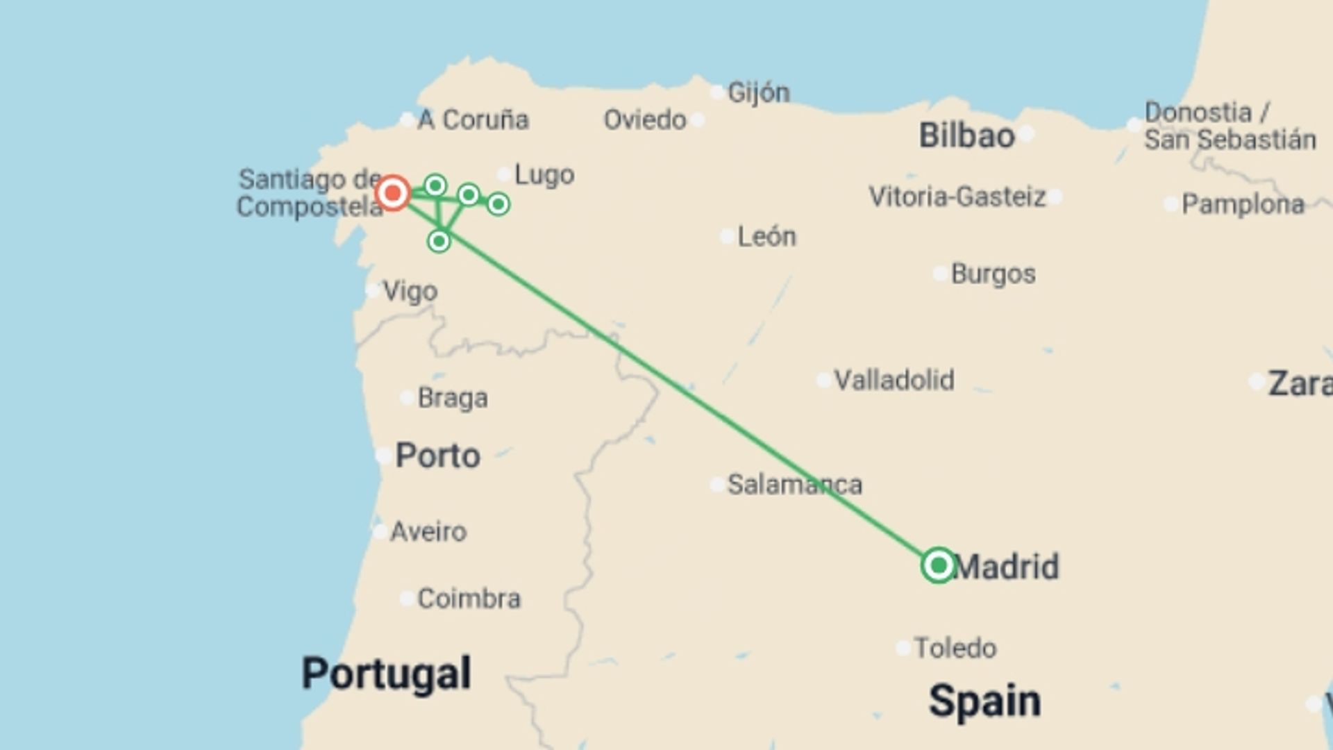 A map showing the tour itinerary for the trip: Walking the Camino de Santiago, starting in Madrid, Spain and ending in Santiago De Compostela, Spain going through 5 other destinations.