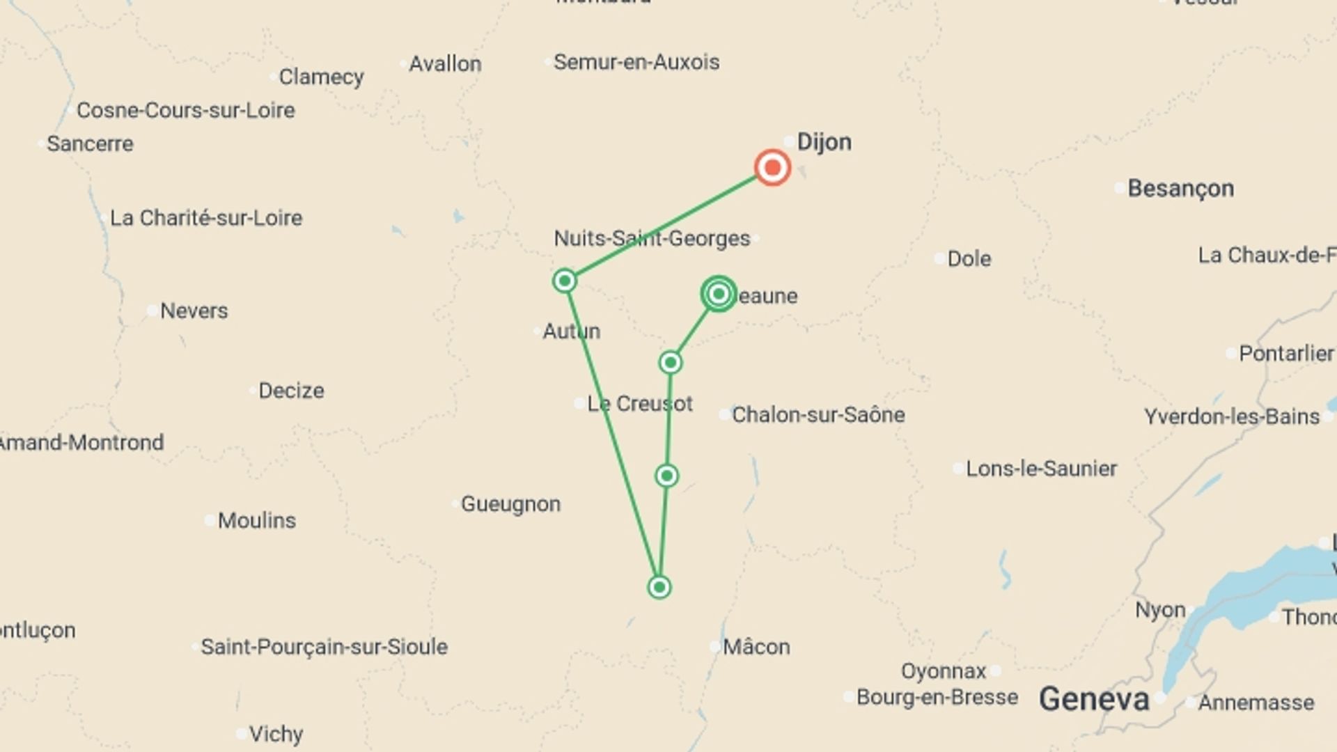 A map showing the tour itinerary for the trip: Burgundy Canals and Vineyards, starting in Beaune, France and ending in Bourgogne-Franche-Comté, France going through 4 other destinations.