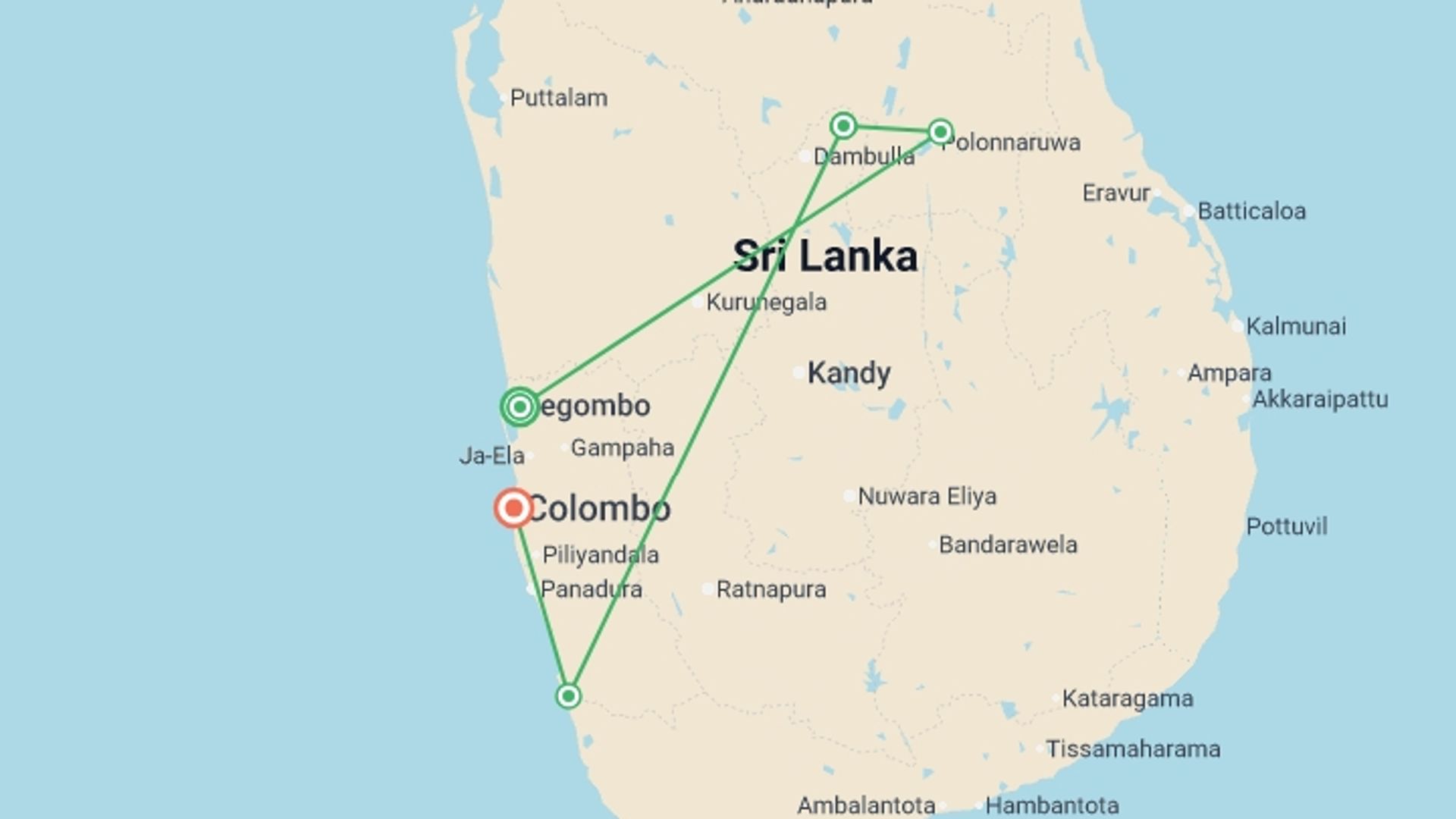 A map showing the tour itinerary for the trip: Signature Sri Lanka | The Island of Serendipity, starting in Negombo, Sri Lanka and ending in Colombo, Sri Lanka going through 3 other destinations.