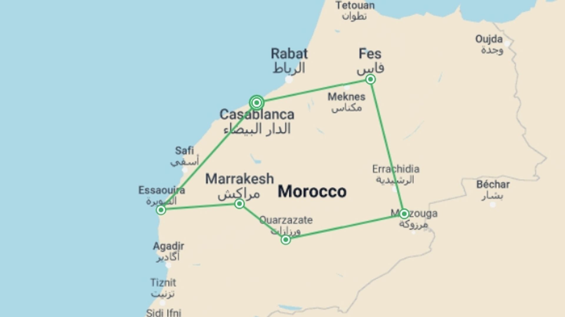 A map showing the tour itinerary for the trip: Treasures of Morocco, a Women-Only Tour, starting in Casablanca, Morocco and ending in Casablanca, Morocco going through 5 other destinations.