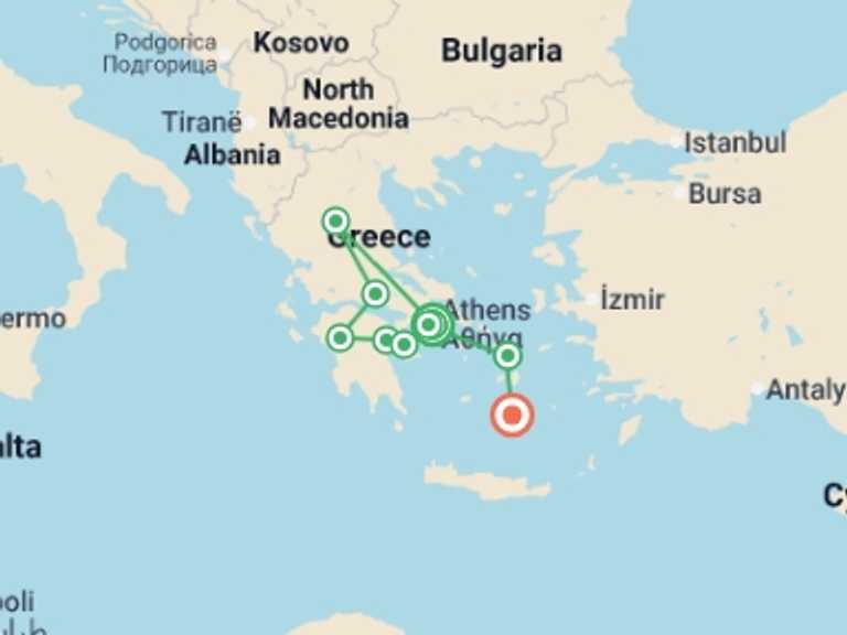 Map of 11-Day Athens Tour with 6 destination visits for the trip: Ancient Greece with Mykonos & Santorini - 11 days