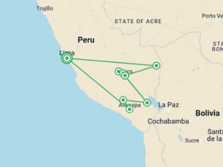 Map of Lima Adventure Tour with 7 destination visits for the trip: Peru Uncovered