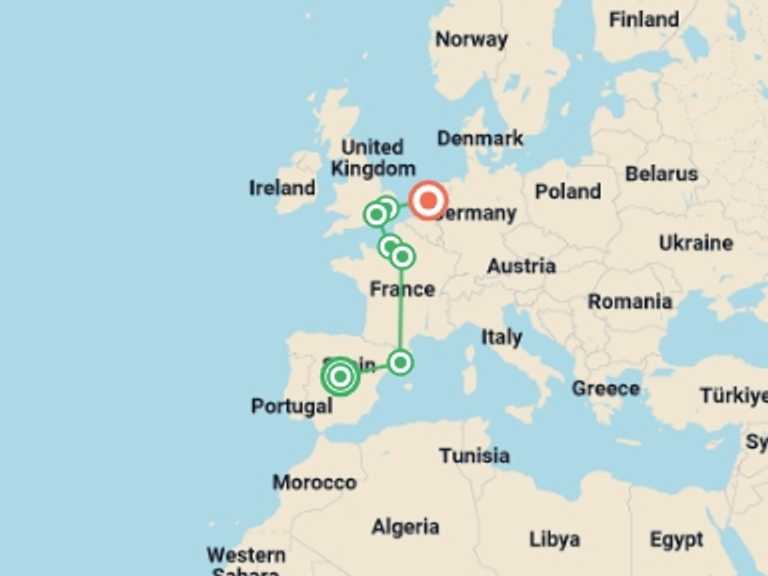 Map itinerary of Mediterranean Tour in October 2026 with 7 destination visits for the trip: Modern Europe