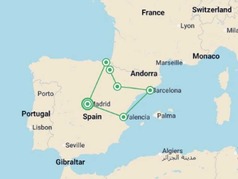 Map of Mediterranean City sightseeing Tour with 5 destination visits for the trip: Taste of Spain