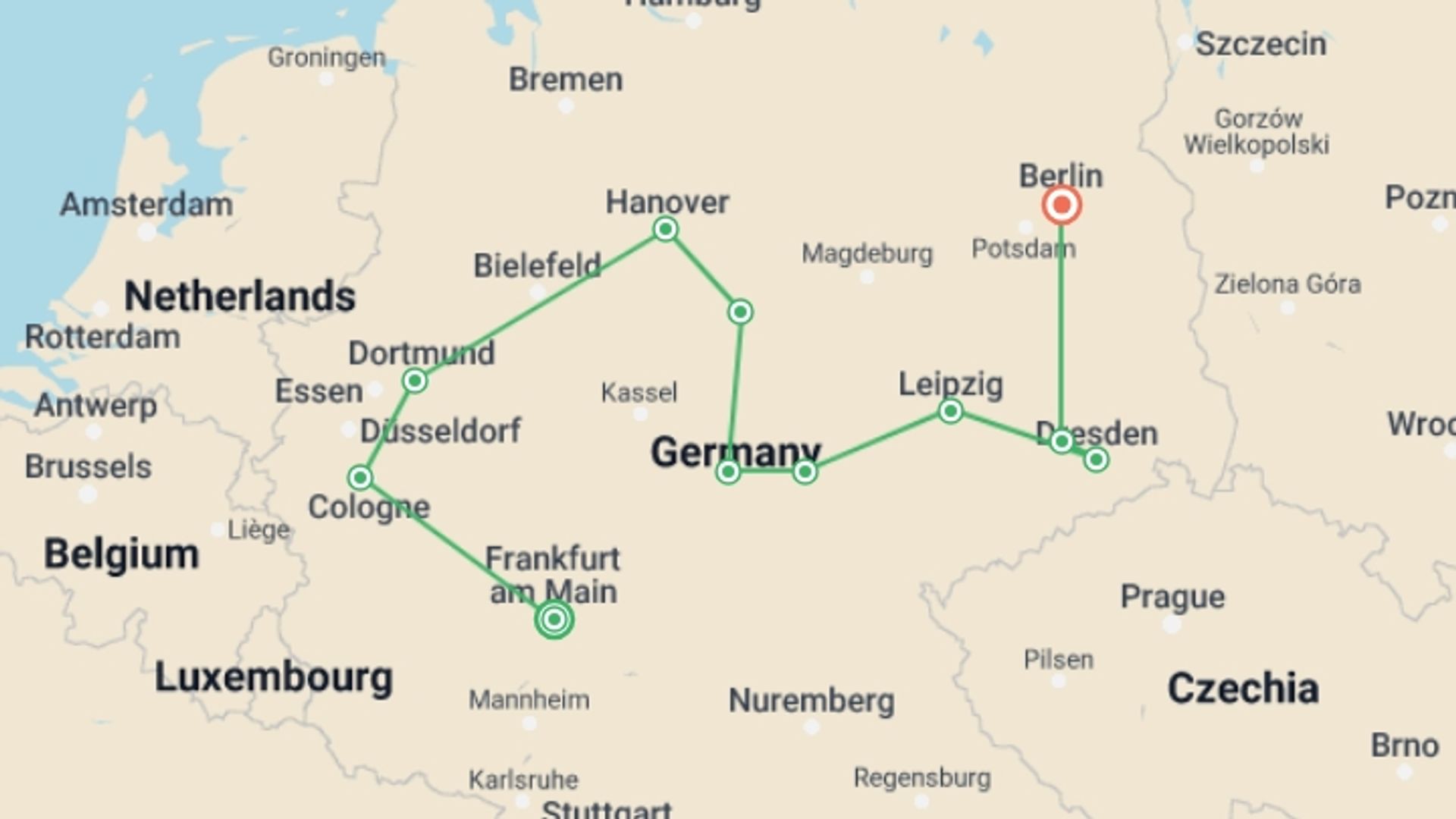 A map showing the tour itinerary for the trip: Tour of the Heart of Germany, Ending in Berlin, starting in Frankfurt, Germany and ending in Berlin, Germany going through 4 other destinations.