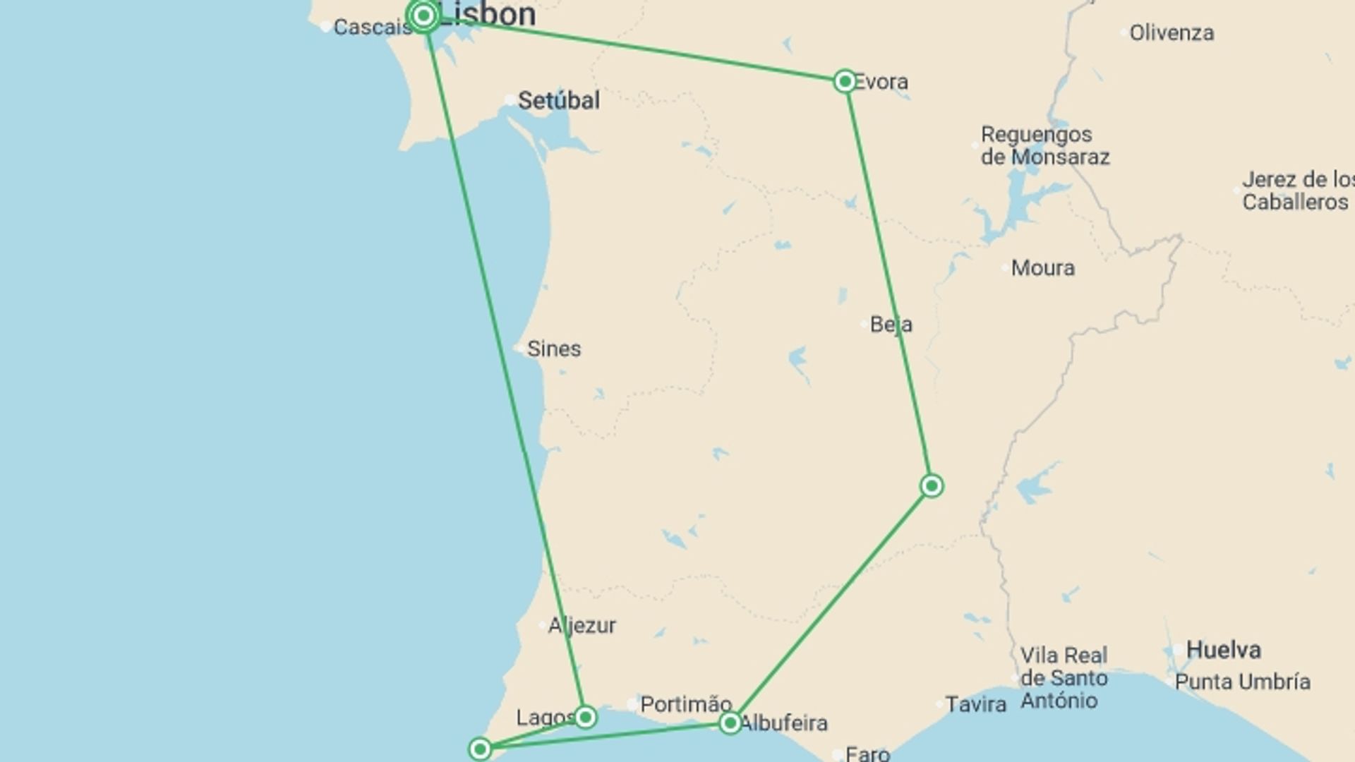 A map showing the tour itinerary for the trip: Southern Portugal with Lisbon, starting in Lisbon, Portugal and ending in Lisbon, Portugal going through 1 other destinations.
