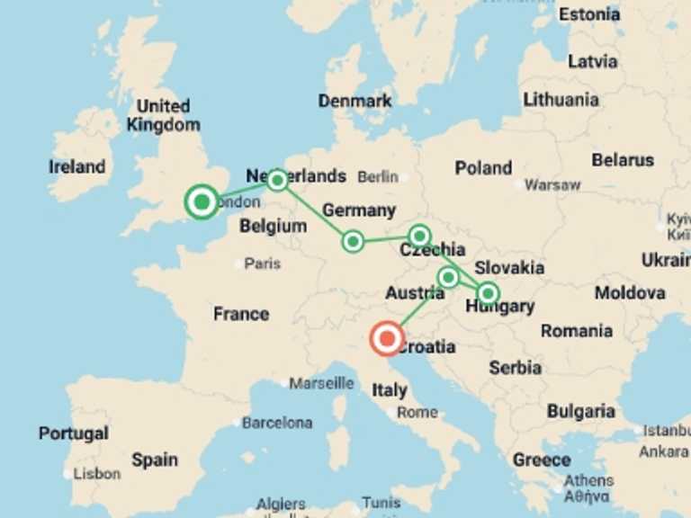 Map itinerary of Europe Tour in Fall with 7 destination visits for the trip: European Rhapsody