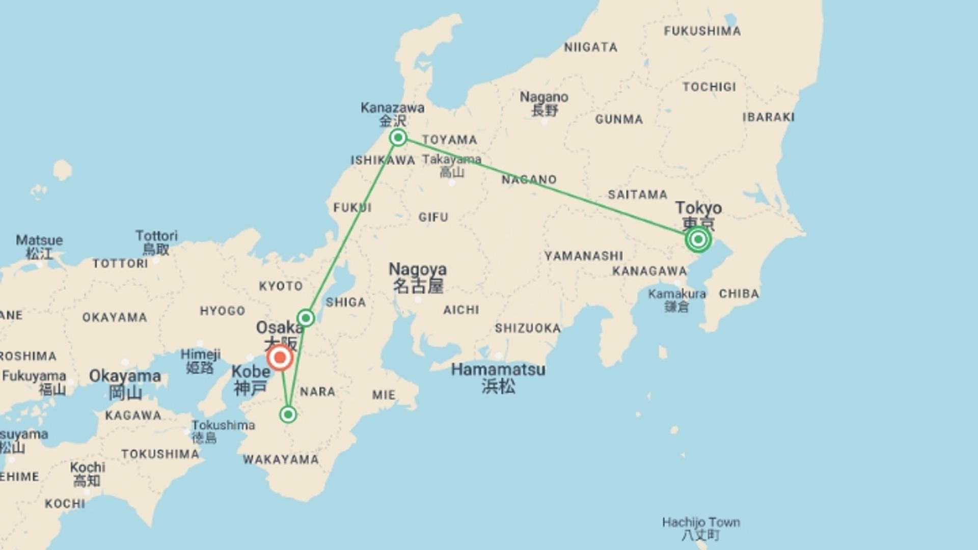 A map showing the tour itinerary for the trip: Japan Real Food Adventure, starting in Tokyo, Japan and ending in Osaka, Japan going through 3 other destinations.