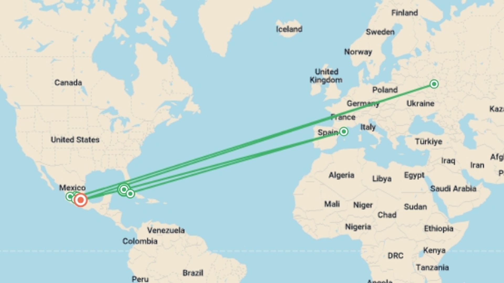 A map showing the tour itinerary for the trip: The Best of Cuba and Mexico, starting in Havana, Cuba and ending in Mexico City, Mexico going through 7 other destinations.