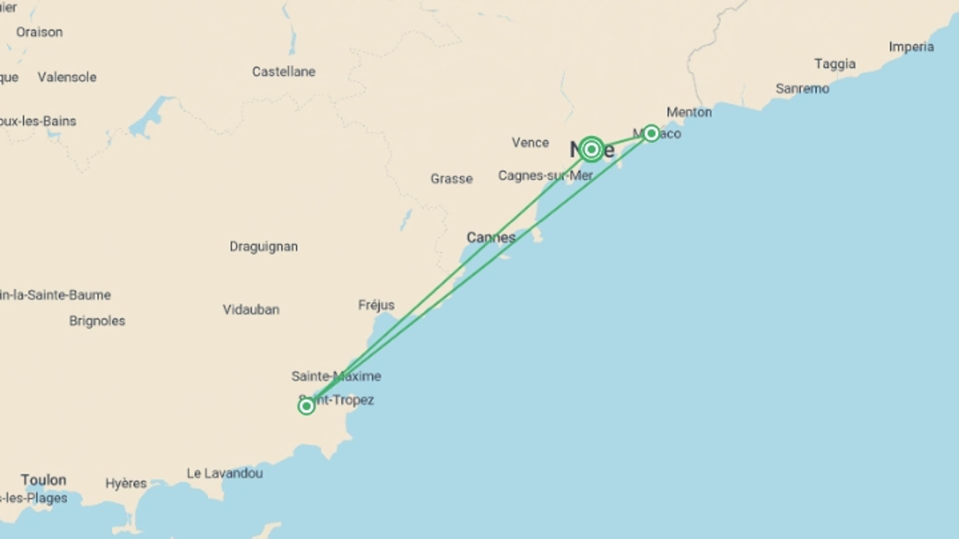 A map showing the tour itinerary for the trip: Getaway in the French Riviera, starting in Nice, France and ending in Nice, France going through 2 other destinations.