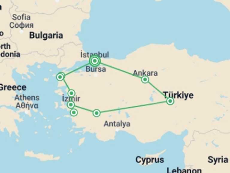 Map of Turkey Trekking and Hiking Tour with 6 destination visits for the trip: Classics of Turkey