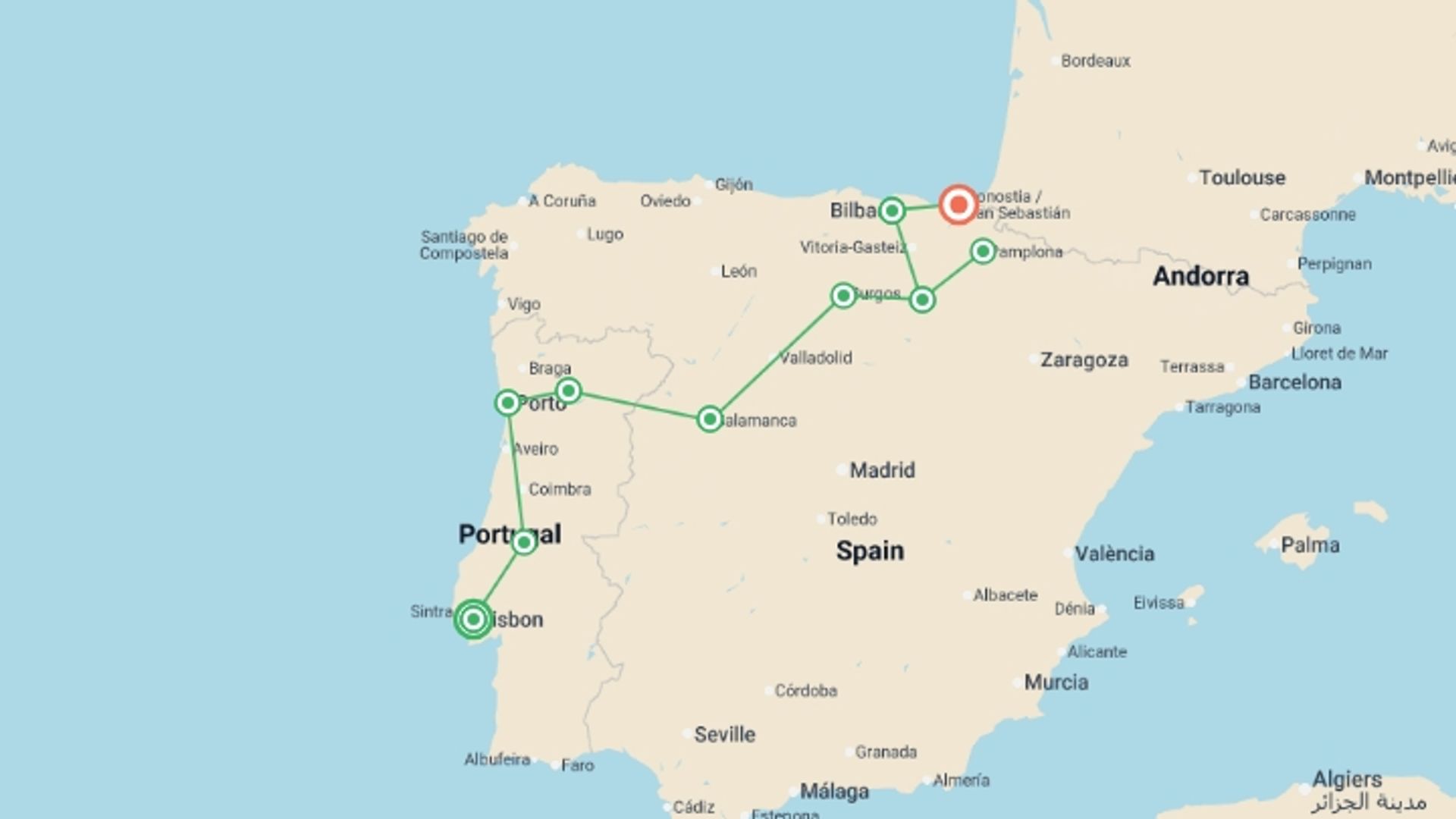 A map showing the tour itinerary for the trip: Flavors of Portugal & Spain featuring the Douro and Rioja Wine Regions, starting in Lisbon, Portugal and ending in San Sebastian, Spain going through 6 other destinations.