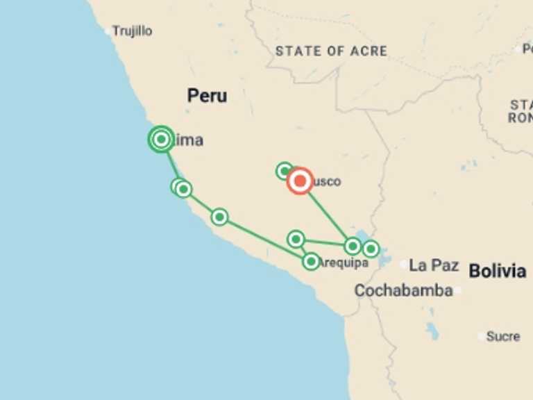 Map itinerary of Andes Tour in December 2026 with 10 destination visits for the trip: Enigmas Of The South