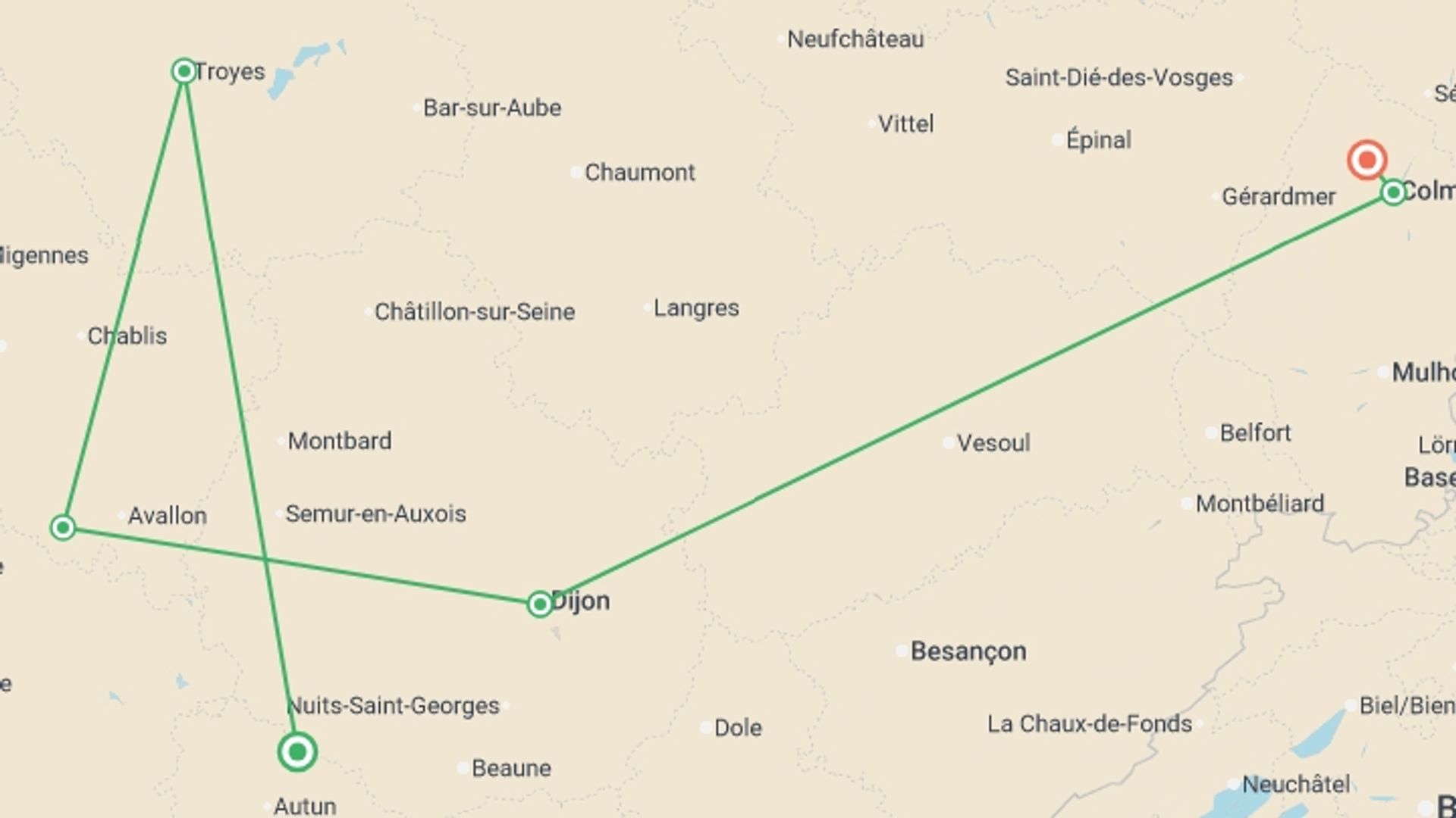 A map showing the tour itinerary for the trip: Discover Burgundy & Alsace – Premium Adventure, starting in Burgundy, France and ending in Saint-Hippolyte, near Colmar, Saint-Hippolyte, near Colmar going through 5 other destinations.