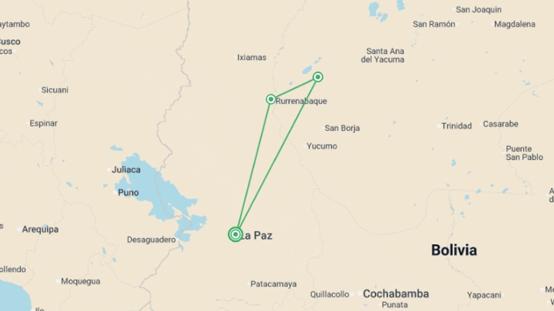 A map showing the tour itinerary for the trip: Bolivian Amazon Pampas Air-Expedition 5D/4N (from La Paz), starting in La Paz, Bolivia and ending in La Paz, Bolivia going through 2 other destinations.
