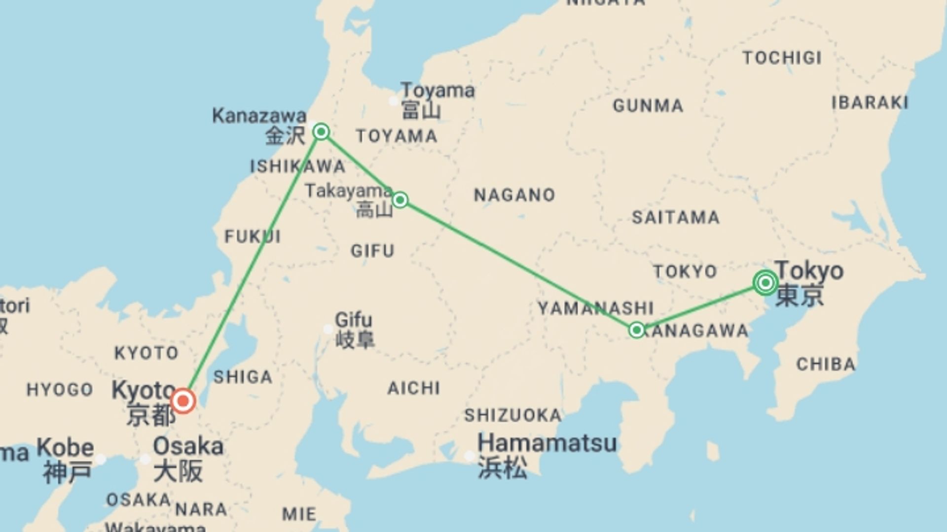 A map showing the tour itinerary for the trip: Splendours of Japan, starting in Tokyo, Japan and ending in Kyoto, Japan going through 4 other destinations.