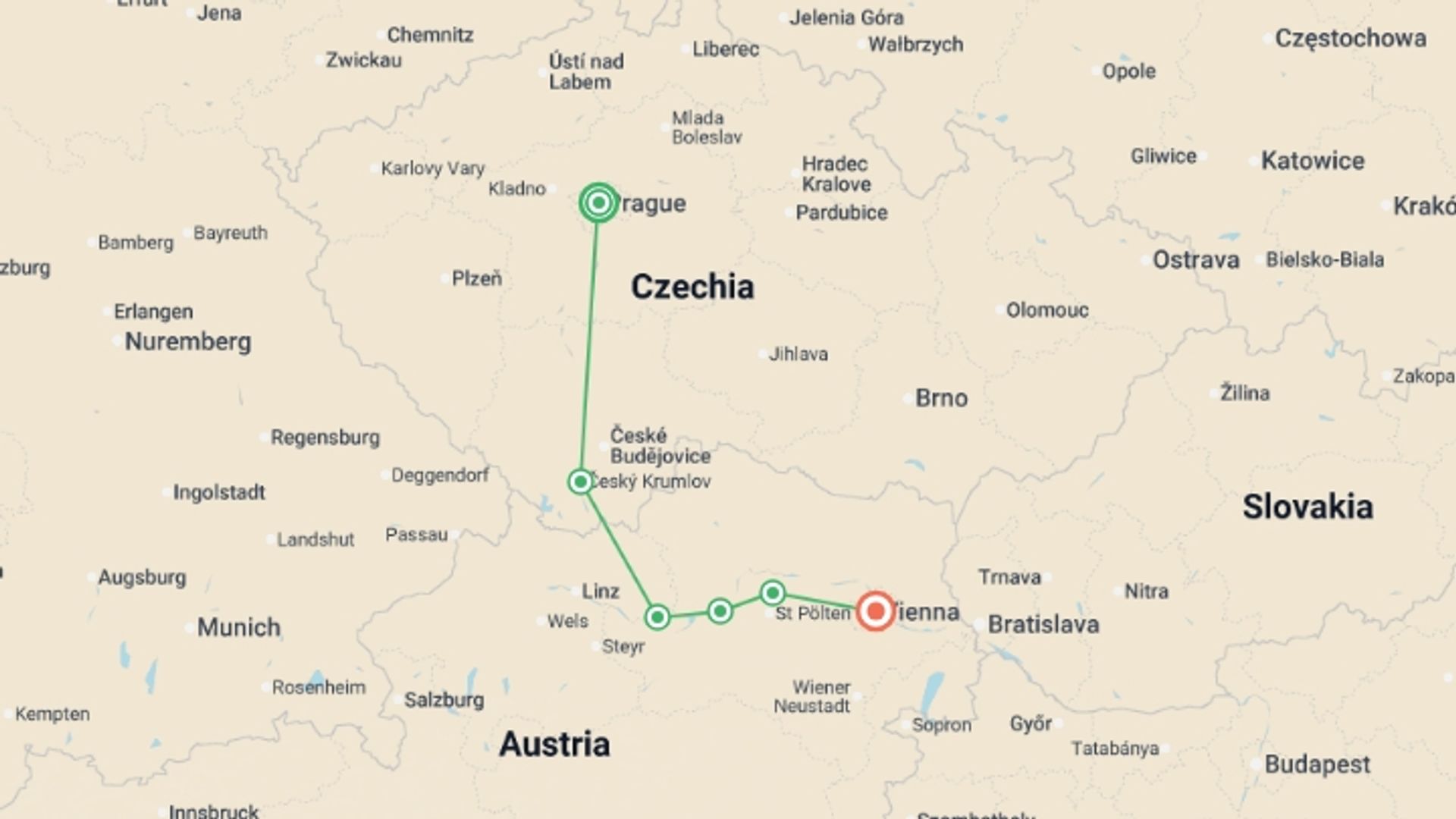 A map showing the tour itinerary for the trip: Cycle Prague to Vienna, starting in Prague, Czech Republic and ending in Vienna, Austria going through 4 other destinations.